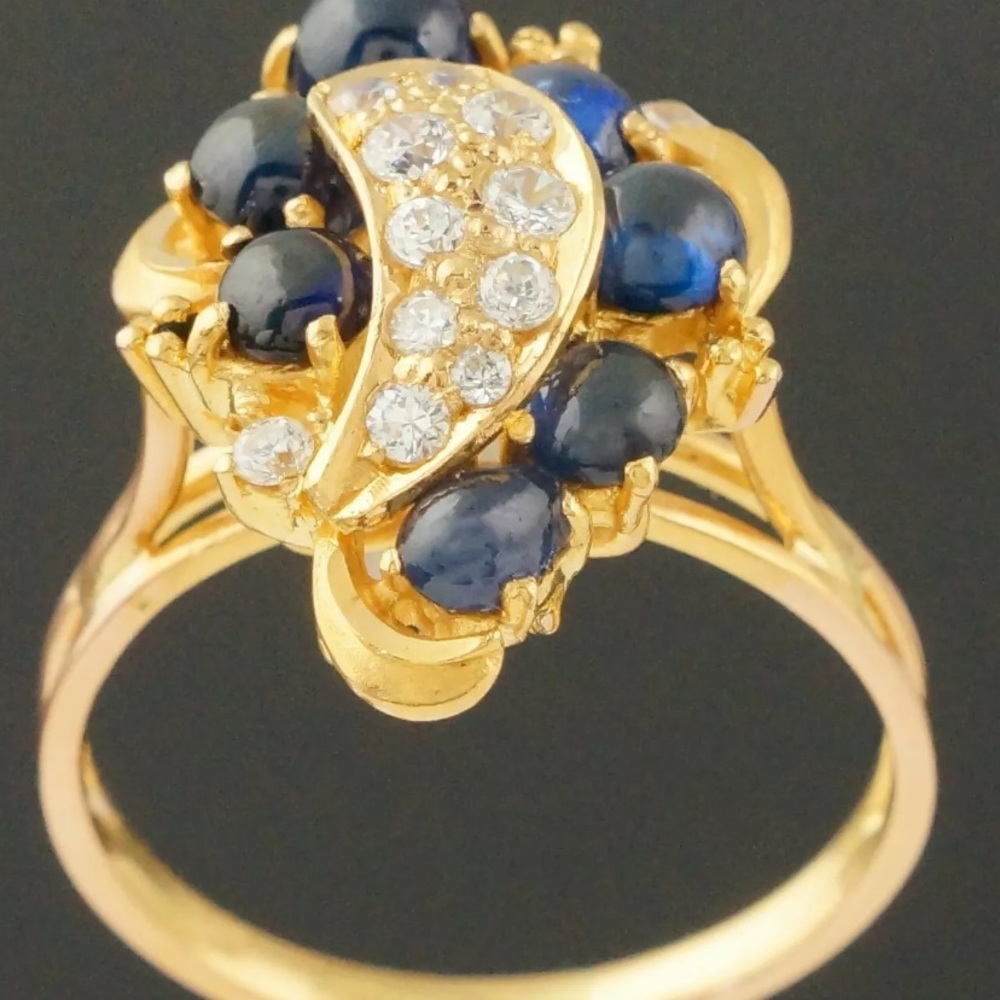 Solid 22 k Gold Blue Sapphire Cabochon Quartz Ring - Picture 13 of 16